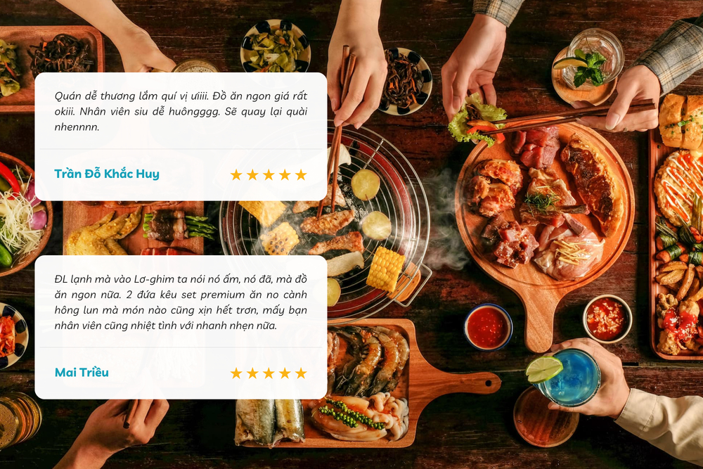 Thực đơn buffet nướng đa dạng, từ bò, gà, hải sản đến thịt nai, heo rừng, kết hợp cùng rau củ tươi ngon